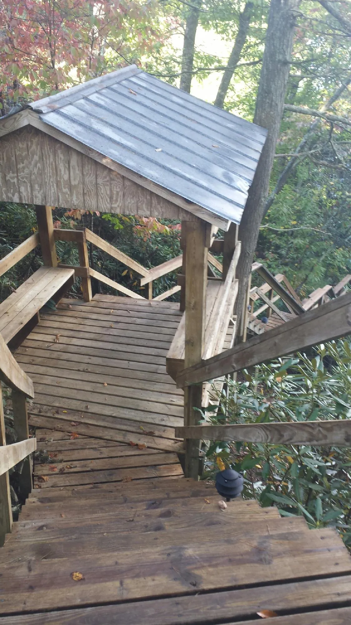 Metal roofed shelter over wooden steps on a wooded walkway — Skylight Repair & Installation work by our crew in Waltham